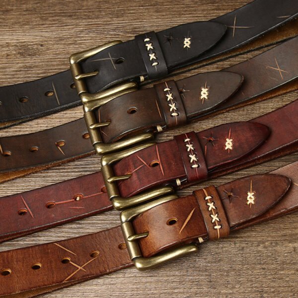 Stitched Cowhide Brass Buckle Belt
