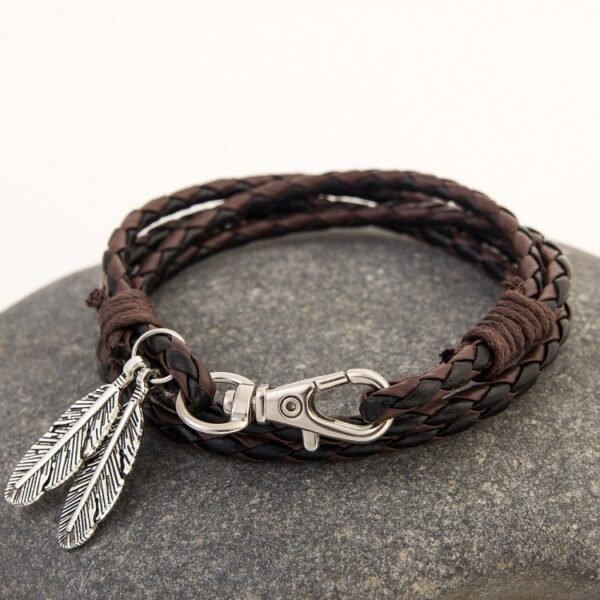 Leather Braided Rope and Feather Bracelet