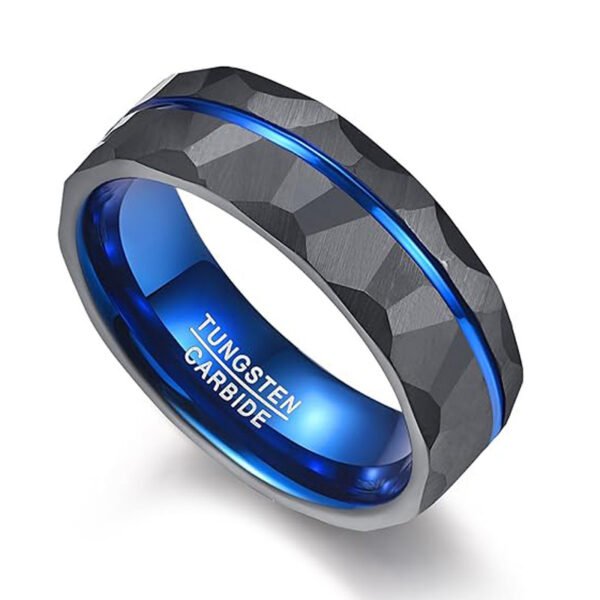 Black tungsten carbide ring with a blue groove and a hammered finish
