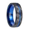 Black tungsten carbide ring with a blue groove and a hammered finish