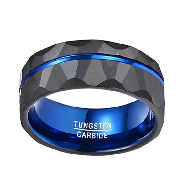Black tungsten carbide ring with a blue groove and a hammered finish